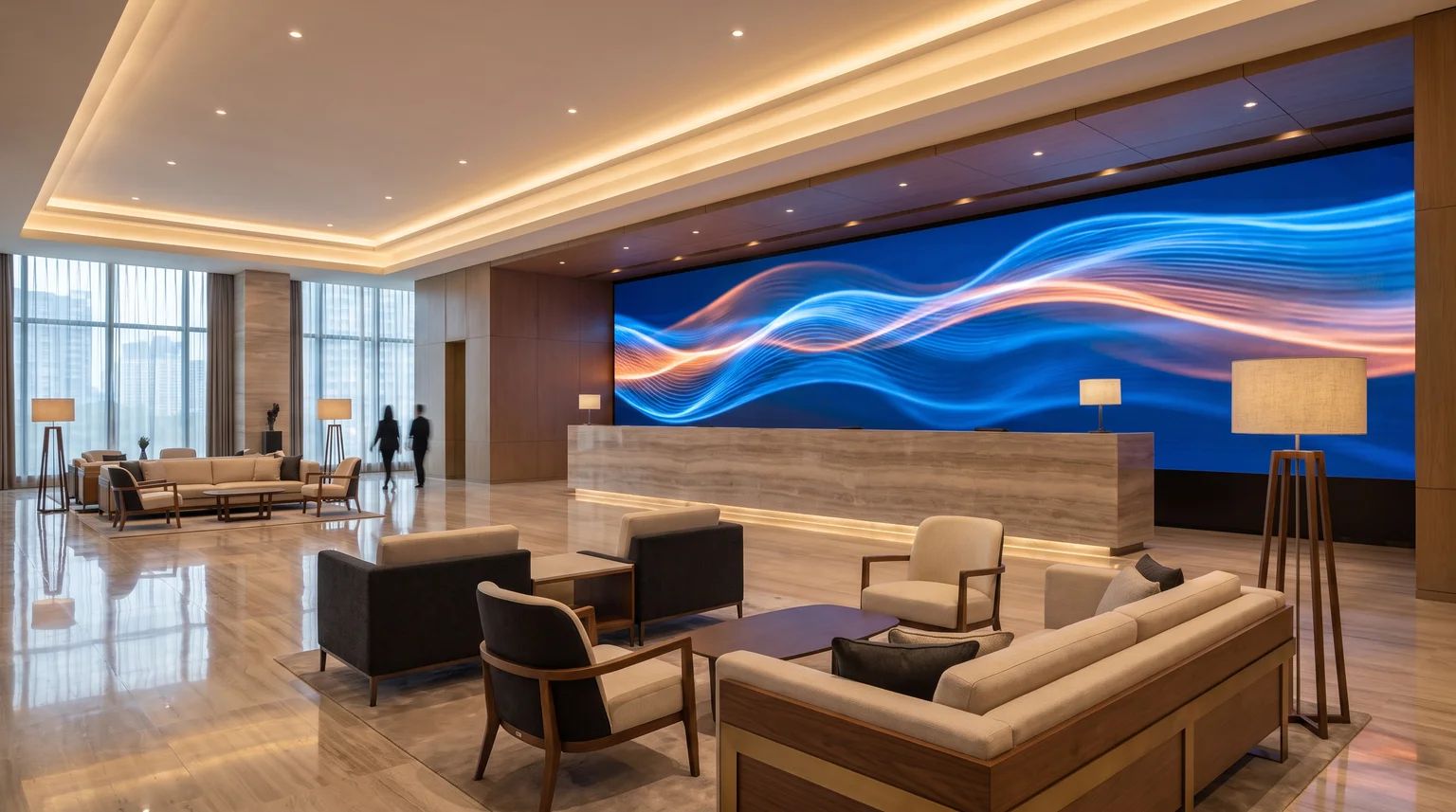 Otel lobisinde resepsiyon arkasına yerleştirilmiş geniş iç mekân LED ekran duvarı